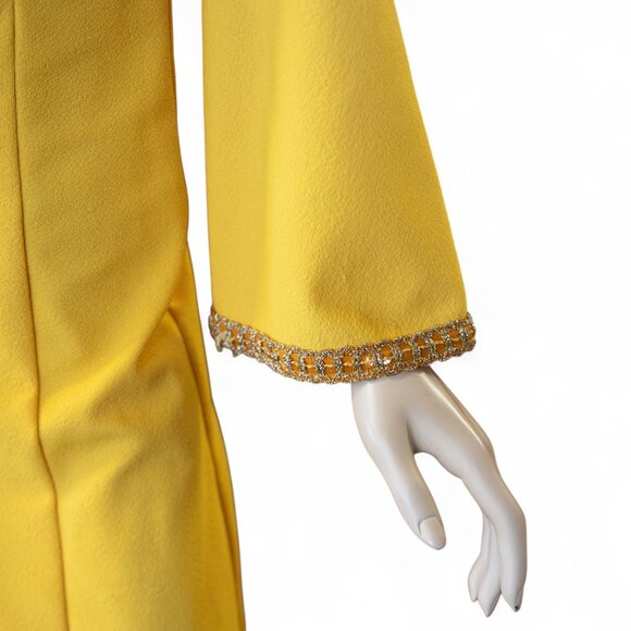 Vintage 1960s Goldenrod Yellow Maxi Dress with Metallic Gold Trim * Medium - Picture 6 of 10